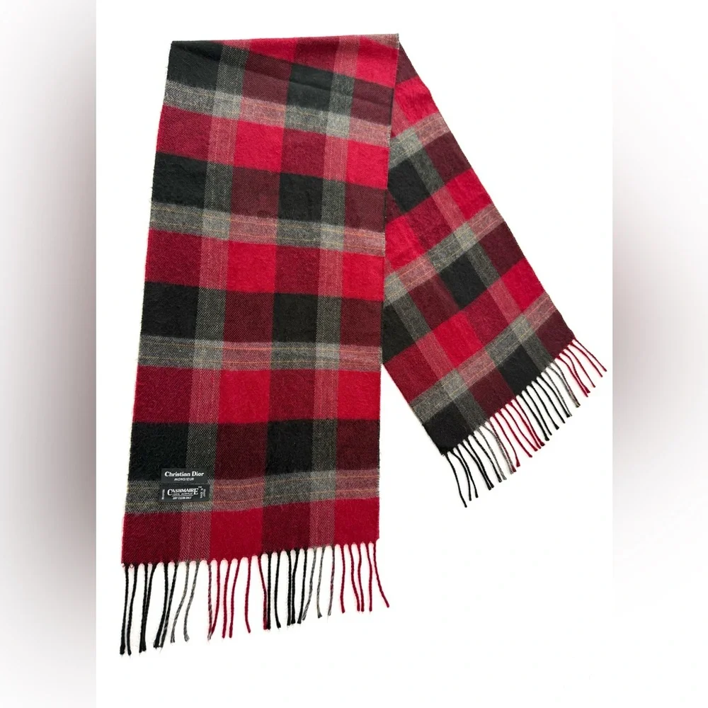 Christian Dior Monsieur Plaid Fringe Red Cashmere 100% Acrylic Scarf
